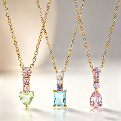 Water Droplets Pendant Necklace In Titanium Steel With Zircon Inlay, PVD Coated Chain For Women