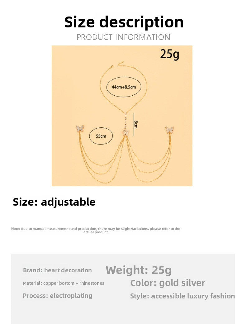 Silver Alloy Body Chain For Women With Butterfly Pattern And Electroplated Finish, Featuring Rhinestones