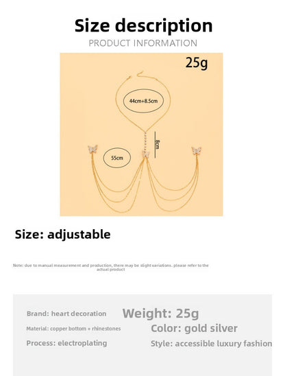 Silver Alloy Body Chain For Women With Butterfly Pattern And Electroplated Finish, Featuring Rhinestones