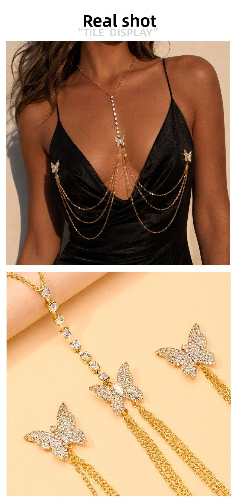 Silver Alloy Body Chain For Women With Butterfly Pattern And Electroplated Finish, Featuring Rhinestones