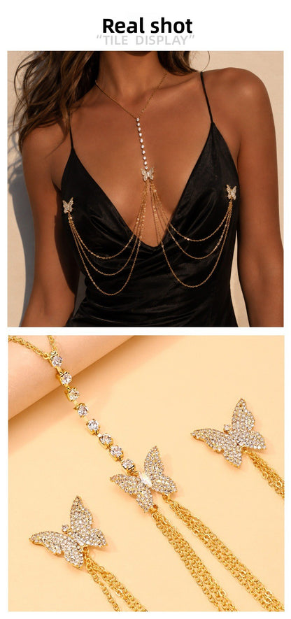 Silver Alloy Body Chain For Women With Butterfly Pattern And Electroplated Finish, Featuring Rhinestones