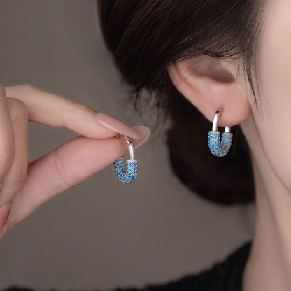 Retro U Shape Earrings For Women In Green Copper With Real Gold Plated And Zircon Inlay