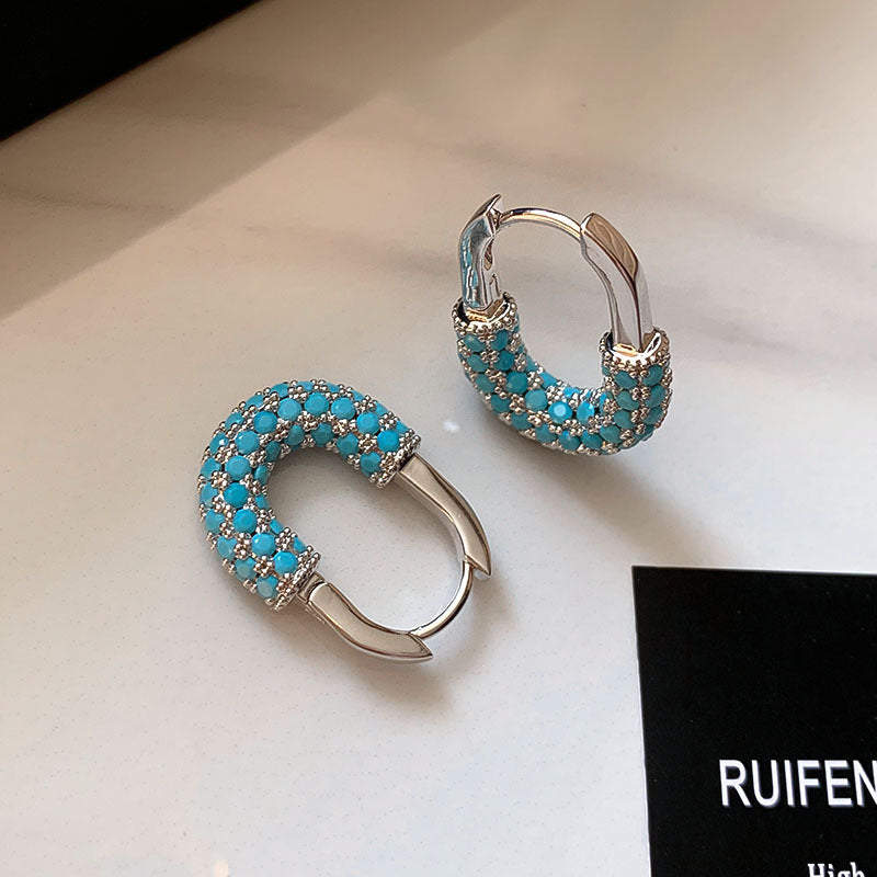Retro U Shape Earrings For Women In Green Copper With Real Gold Plated And Zircon Inlay