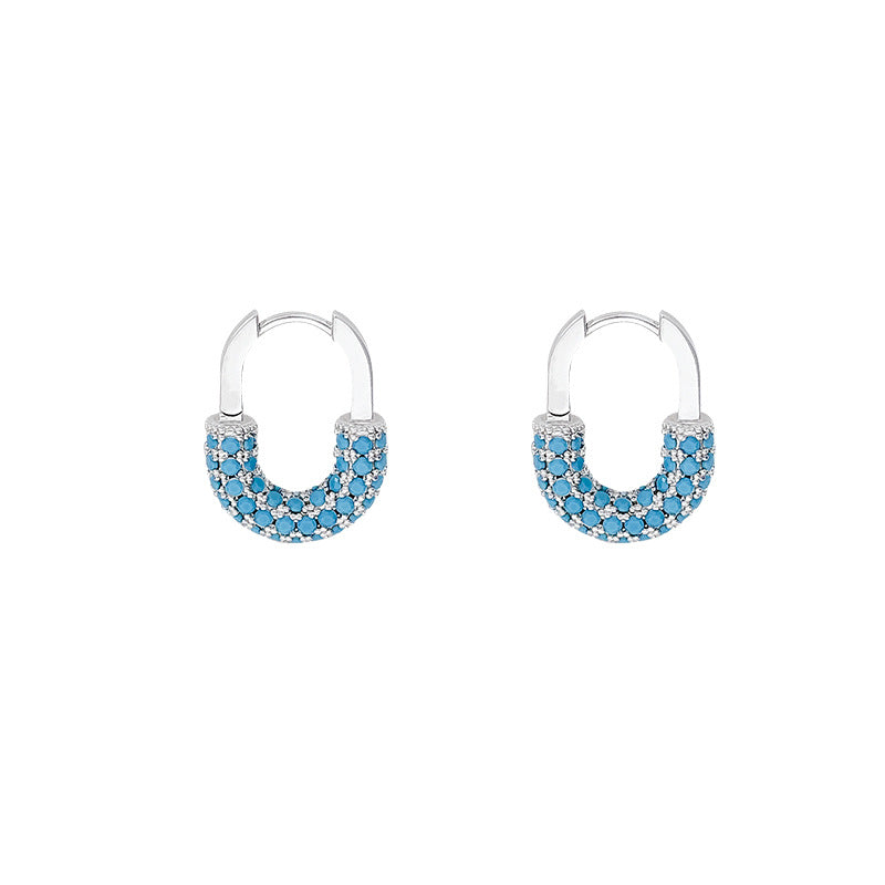 Retro U Shape Earrings For Women In Green Copper With Real Gold Plated And Zircon Inlay