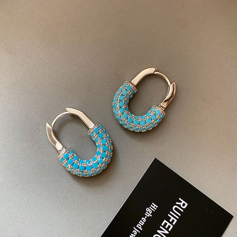 Retro U Shape Earrings For Women In Green Copper With Real Gold Plated And Zircon Inlay