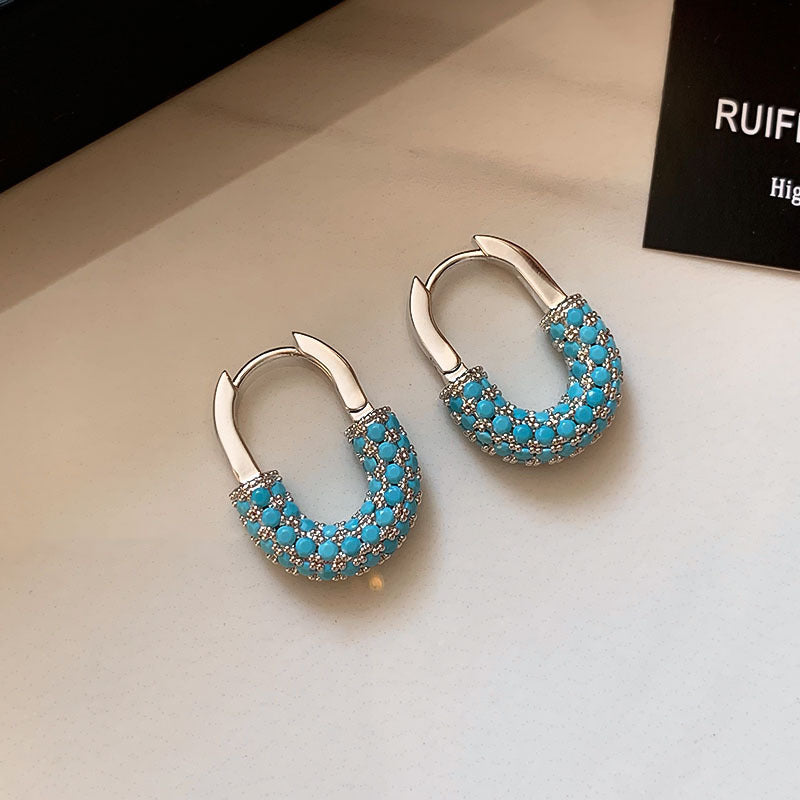 Retro U Shape Earrings For Women In Green Copper With Real Gold Plated And Zircon Inlay