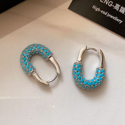 Retro U Shape Earrings For Women In Green Copper With Real Gold Plated And Zircon Inlay