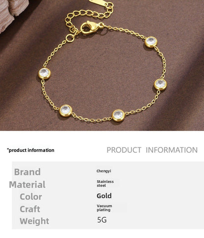 Round Waterproof Non Tarnish Titanium Steel Necklace With Rhinestones Pendant On Cable Chain For Women