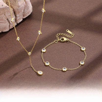 Round Waterproof Non Tarnish Titanium Steel Necklace With Rhinestones Pendant On Cable Chain For Women