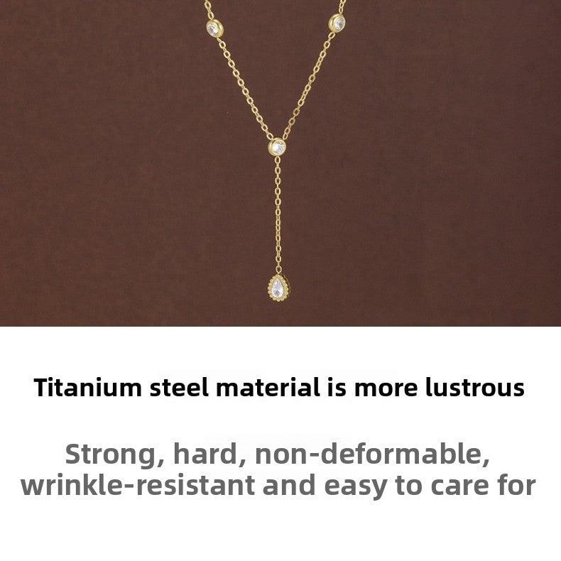 Round Waterproof Non Tarnish Titanium Steel Necklace With Rhinestones Pendant On Cable Chain For Women