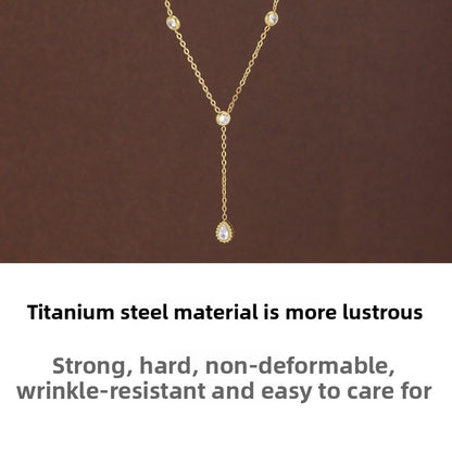 Round Waterproof Non Tarnish Titanium Steel Necklace With Rhinestones Pendant On Cable Chain For Women
