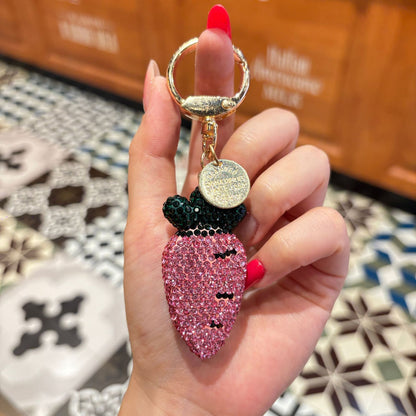 New Year Printing Natural Pink Pottery Clay Key Chain With Rhinestone Inlay Bag Charm
