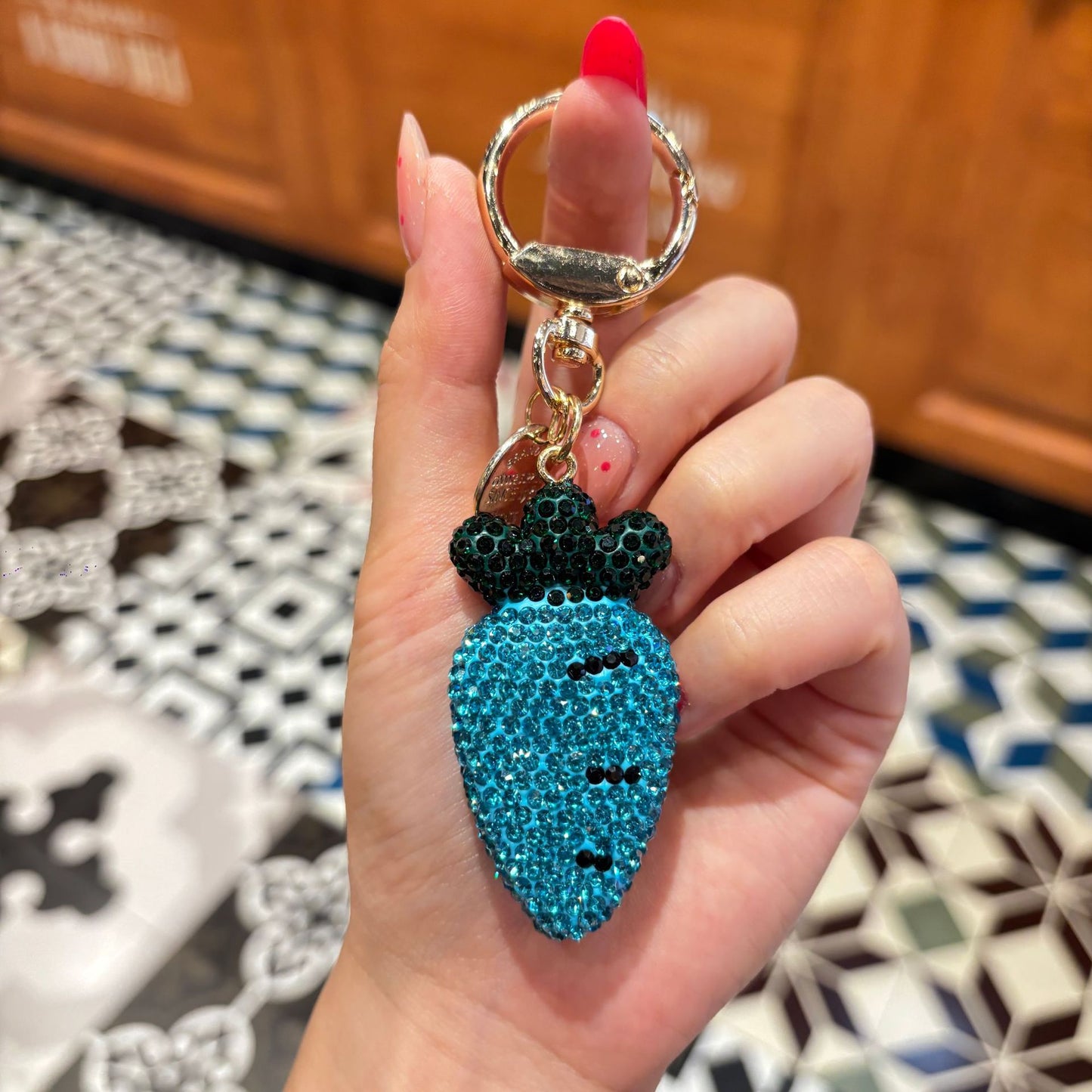New Year Printing Natural Pink Pottery Clay Key Chain With Rhinestone Inlay Bag Charm