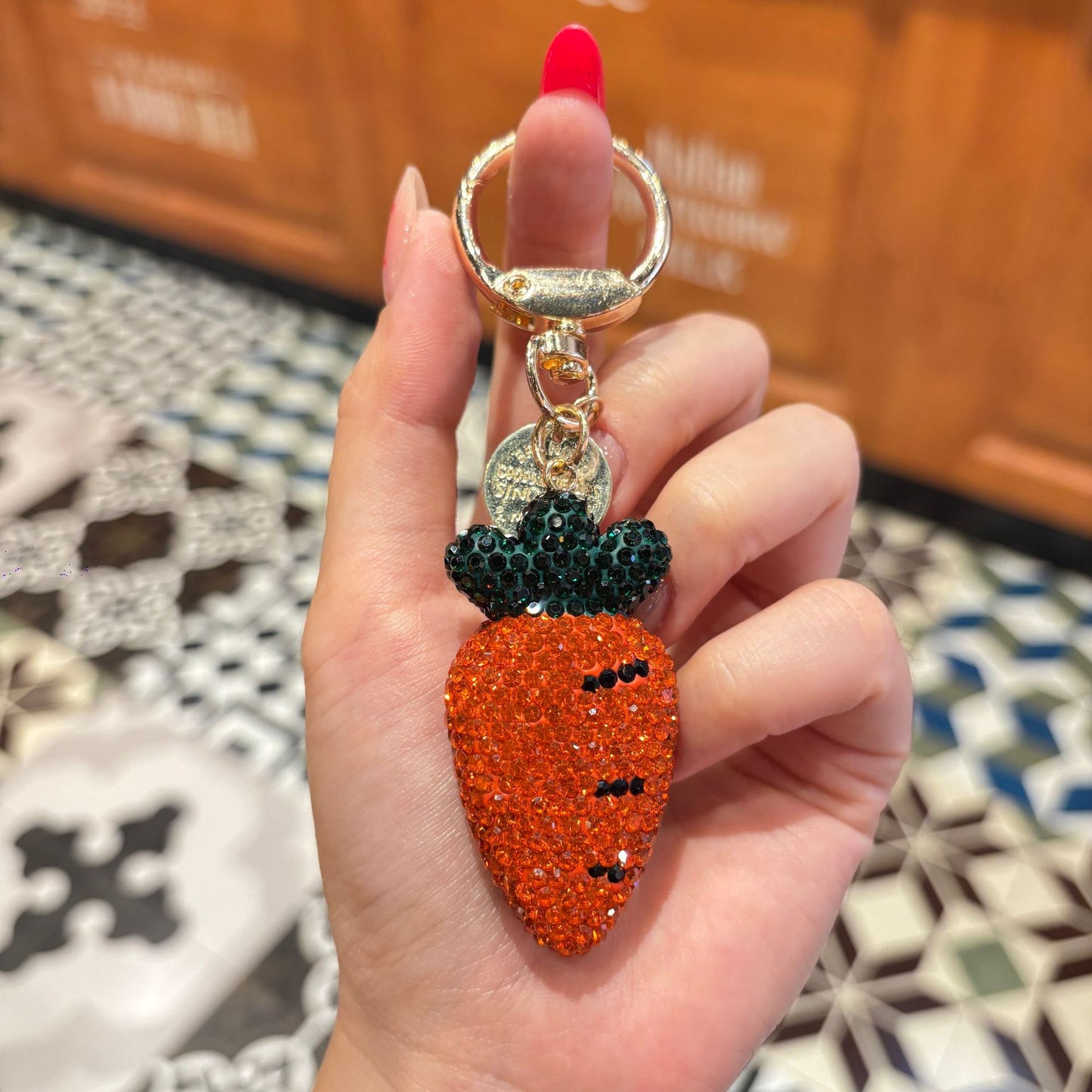 New Year Printing Natural Pink Pottery Clay Key Chain With Rhinestone Inlay Bag Charm