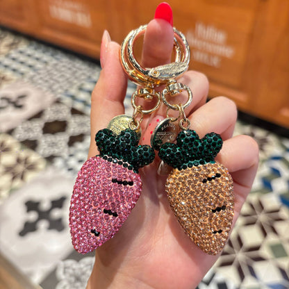 New Year Printing Natural Pink Pottery Clay Key Chain With Rhinestone Inlay Bag Charm
