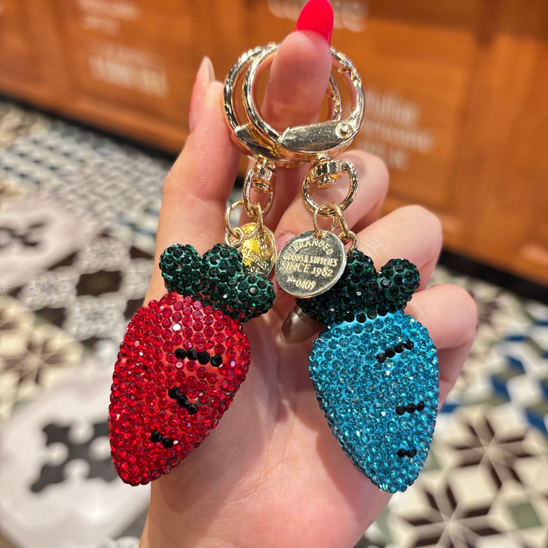 New Year Printing Natural Pink Pottery Clay Key Chain With Rhinestone Inlay Bag Charm