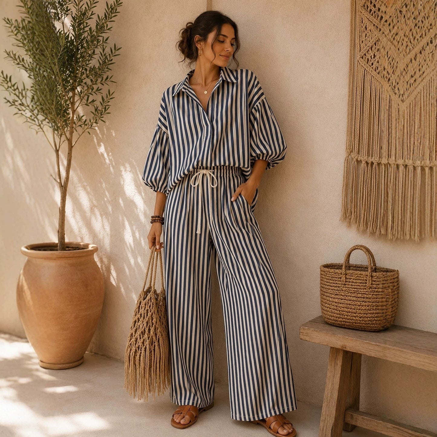 Casual Stripe Pant Co-ord Set In Polyester With Lapel Collar And Bishop Sleeves, 2 Pieces Set