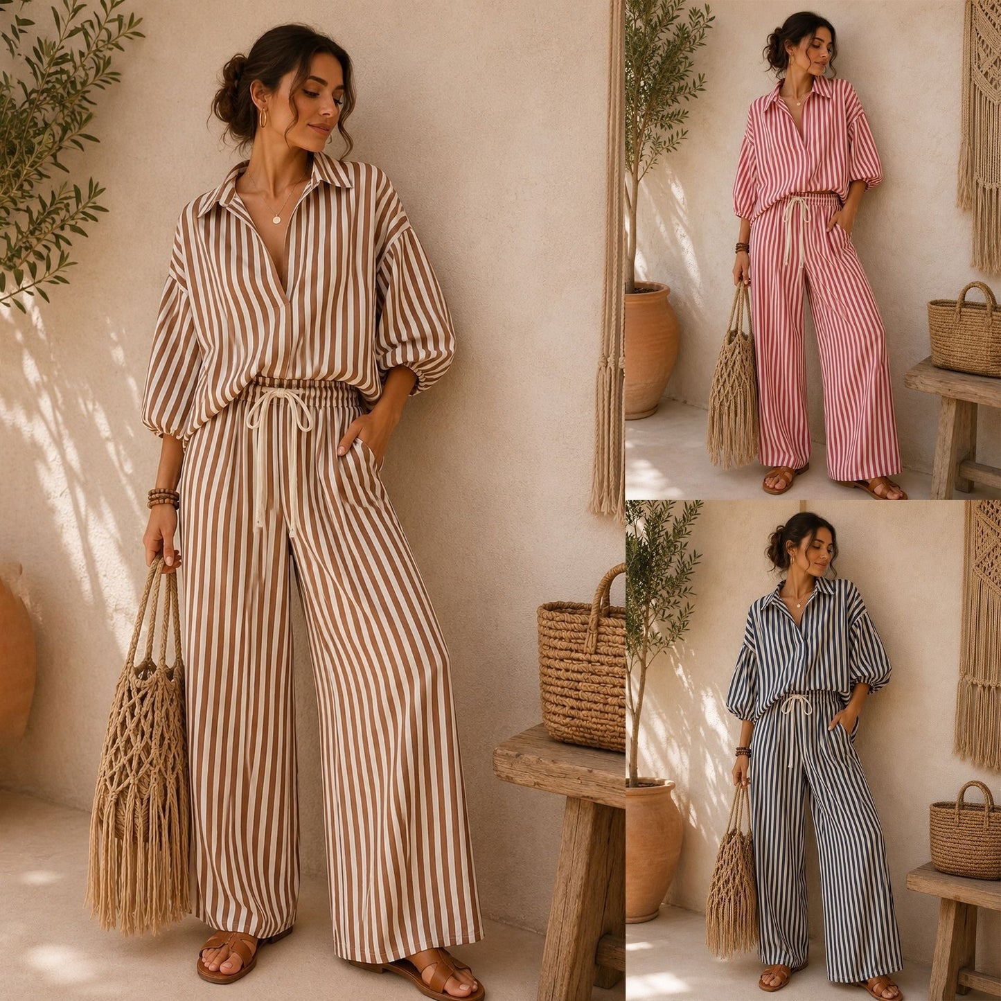 Casual Stripe Pant Co-ord Set In Polyester With Lapel Collar And Bishop Sleeves, 2 Pieces Set