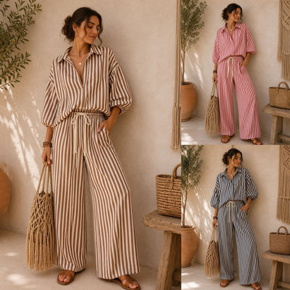 Casual Stripe Pant Co-ord Set In Polyester With Lapel Collar And Bishop Sleeves, 2 Pieces Set