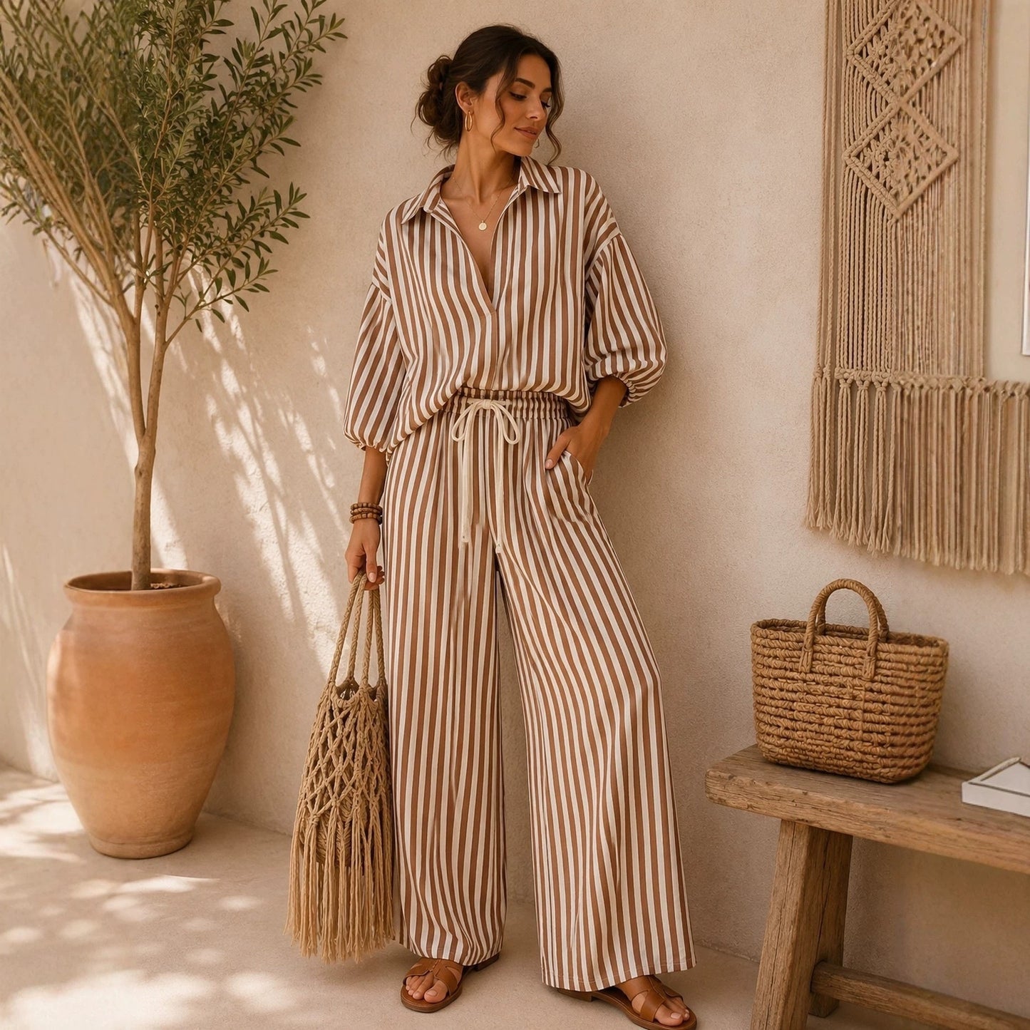 Casual Stripe Pant Co-ord Set In Polyester With Lapel Collar And Bishop Sleeves, 2 Pieces Set