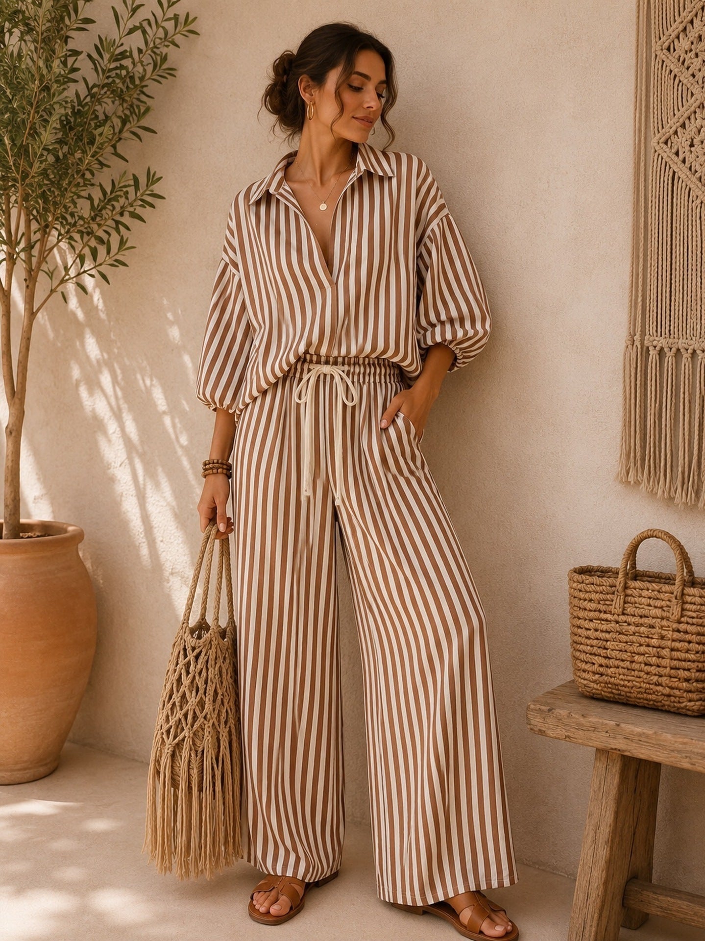 Casual Stripe Pant Co-ord Set In Polyester With Lapel Collar And Bishop Sleeves, 2 Pieces Set