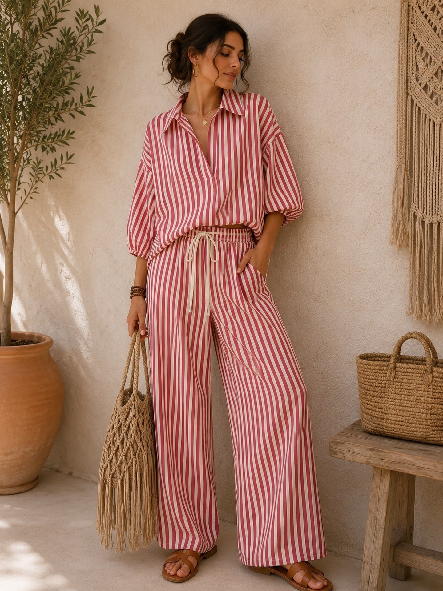 Casual Stripe Pant Co-ord Set In Polyester With Lapel Collar And Bishop Sleeves, 2 Pieces Set
