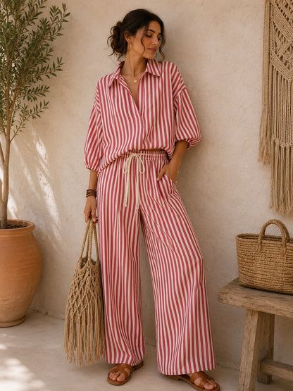 Casual Stripe Pant Co-ord Set In Polyester With Lapel Collar And Bishop Sleeves, 2 Pieces Set