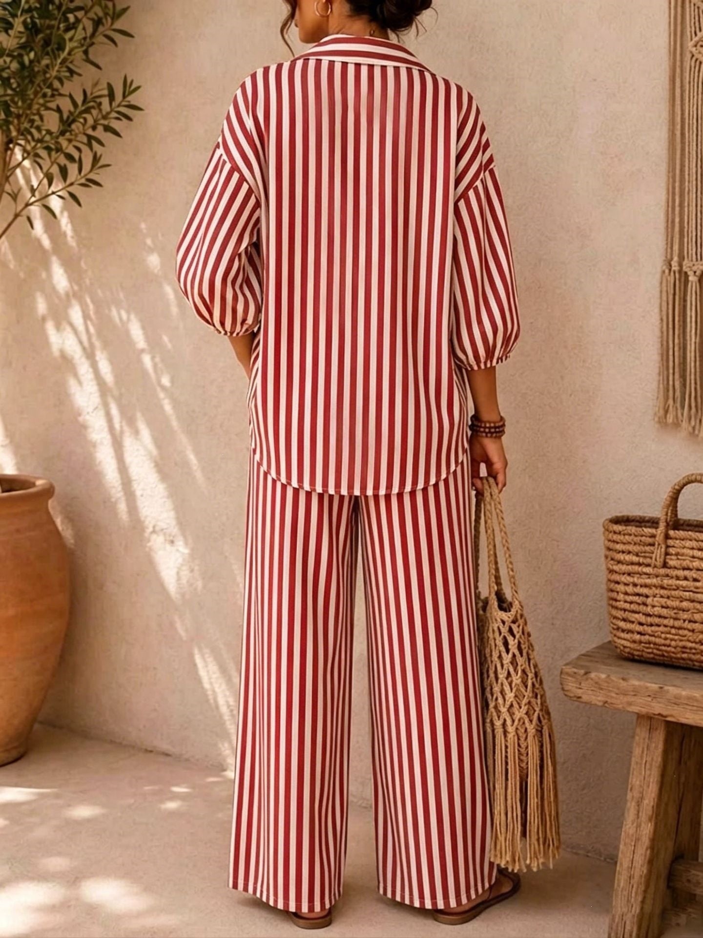 Casual Stripe Pant Co-ord Set In Polyester With Lapel Collar And Bishop Sleeves, 2 Pieces Set