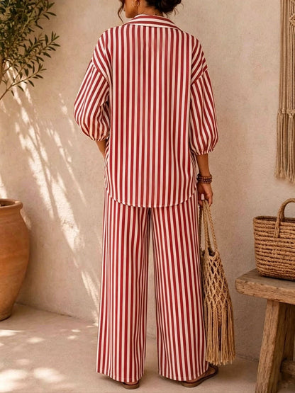 Casual Stripe Pant Co-ord Set In Polyester With Lapel Collar And Bishop Sleeves, 2 Pieces Set