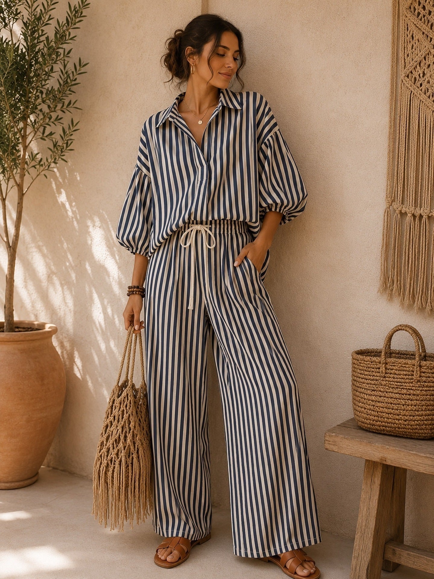 Casual Stripe Pant Co-ord Set In Polyester With Lapel Collar And Bishop Sleeves, 2 Pieces Set