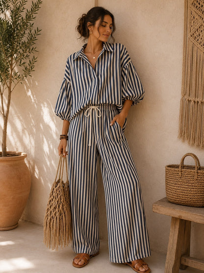 Casual Stripe Pant Co-ord Set In Polyester With Lapel Collar And Bishop Sleeves, 2 Pieces Set
