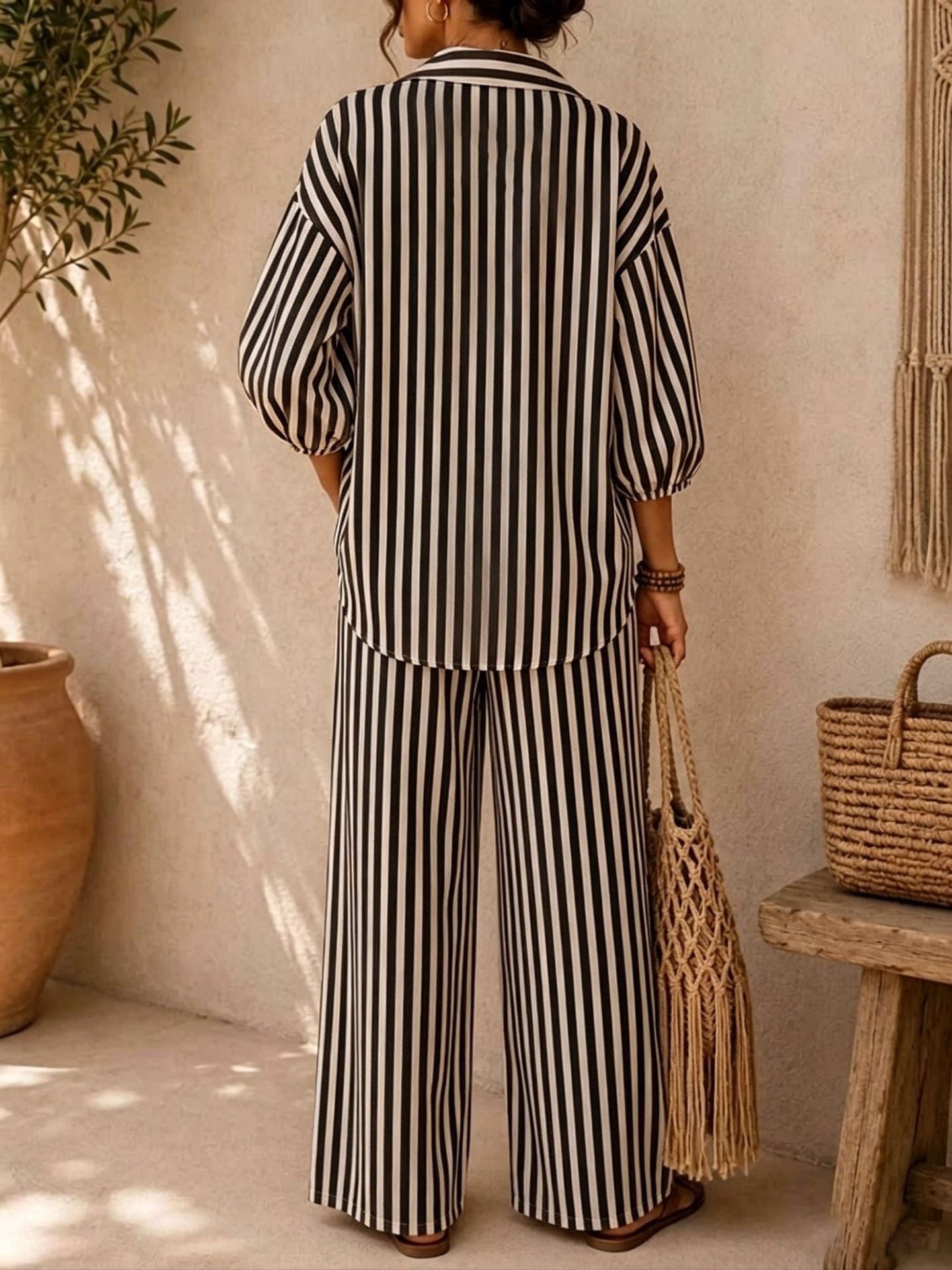 Casual Stripe Pant Co-ord Set In Polyester With Lapel Collar And Bishop Sleeves, 2 Pieces Set