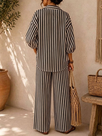 Casual Stripe Pant Co-ord Set In Polyester With Lapel Collar And Bishop Sleeves, 2 Pieces Set