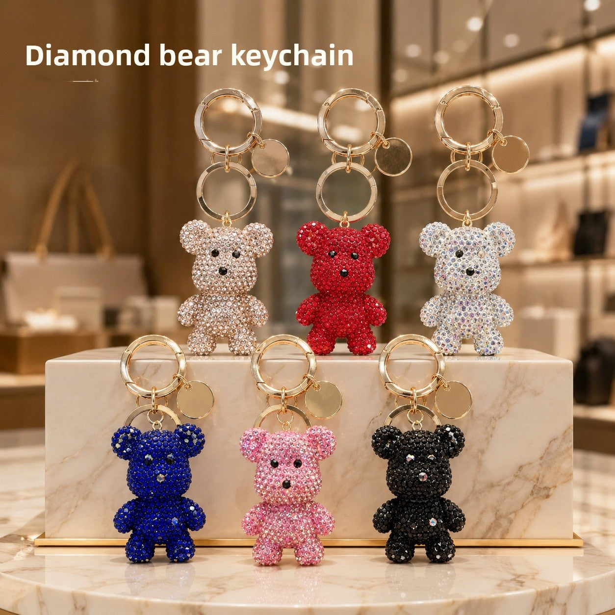 Christmas Bear Key Chain In Red Featuring Rhinestone Embellishments, Perfect Bag Charm Accessory