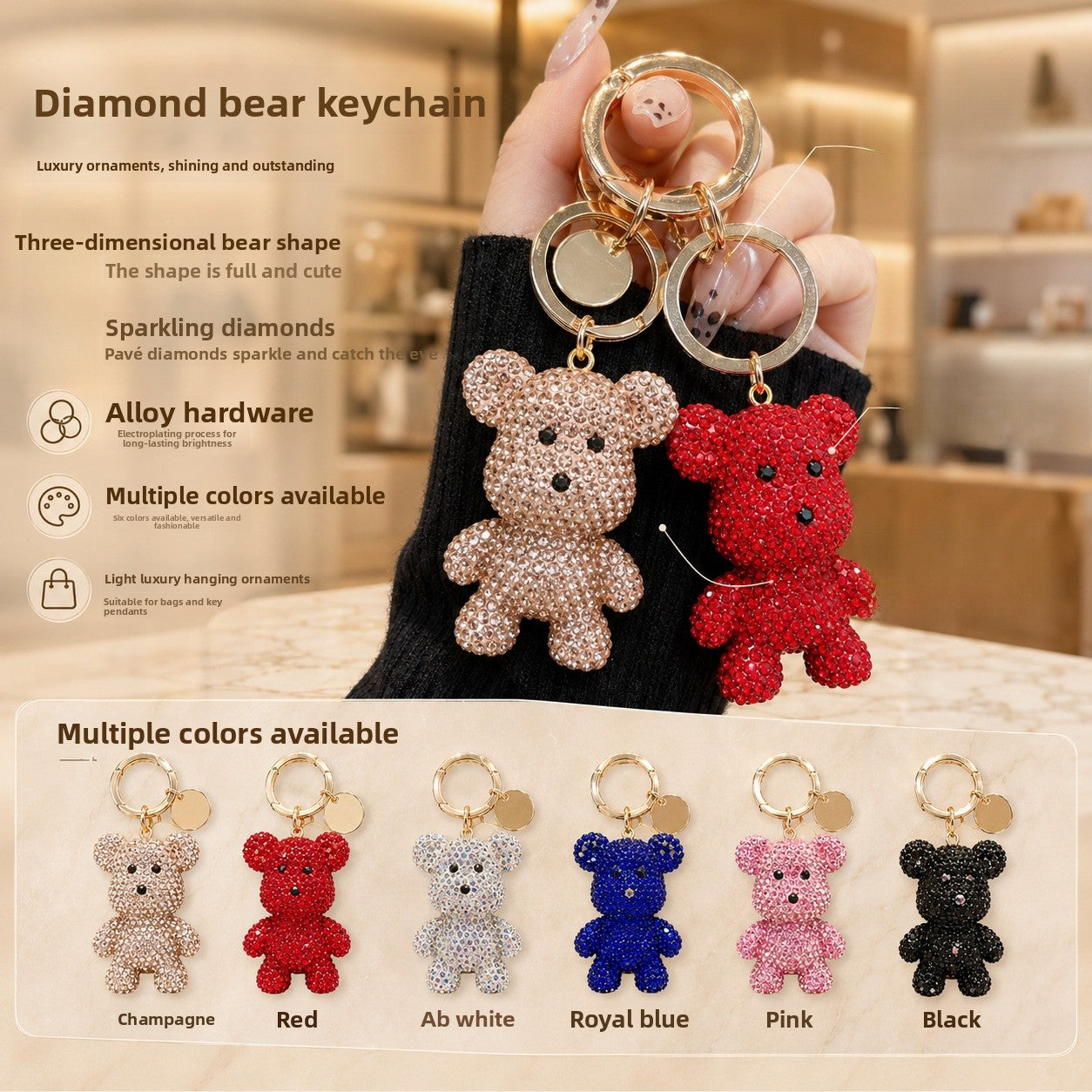Christmas Bear Key Chain In Red Featuring Rhinestone Embellishments, Perfect Bag Charm Accessory