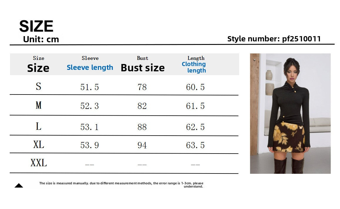 Solid Color Knitwear Top For Women In Polyester Featuring Elegant Style With Standing Collar And Long Sleeves, Metal Detail