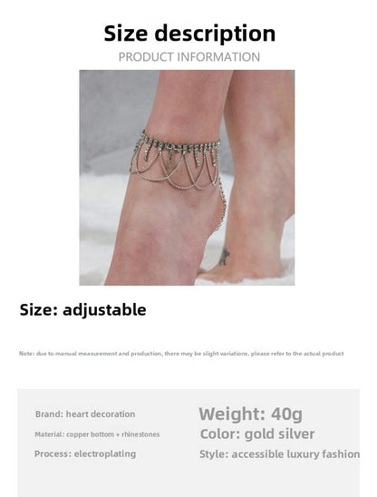 Women's Silver Alloy Tassel Anklet With Rhinestones, Elegant Foot Jewelry Accessory