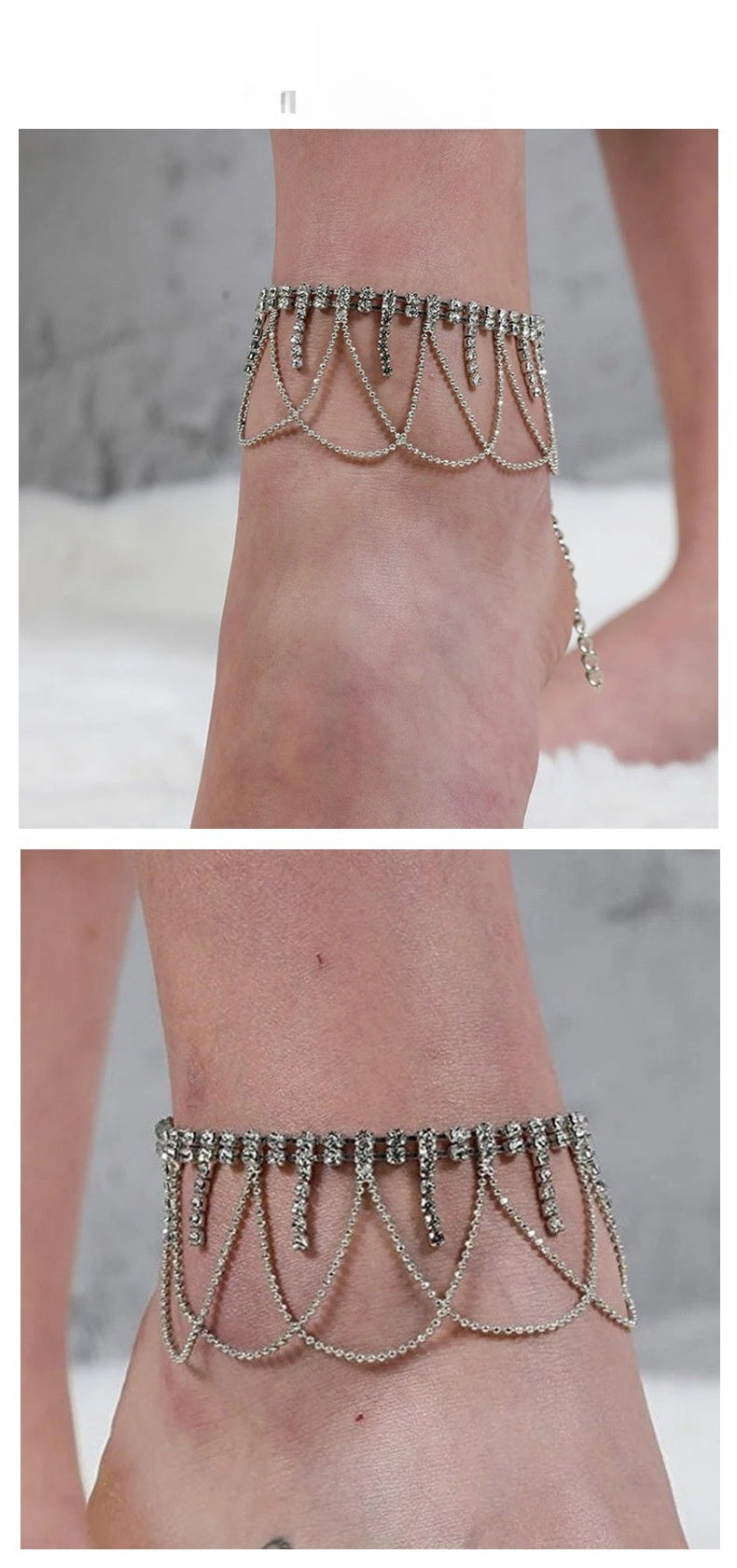 Women's Silver Alloy Tassel Anklet With Rhinestones, Elegant Foot Jewelry Accessory