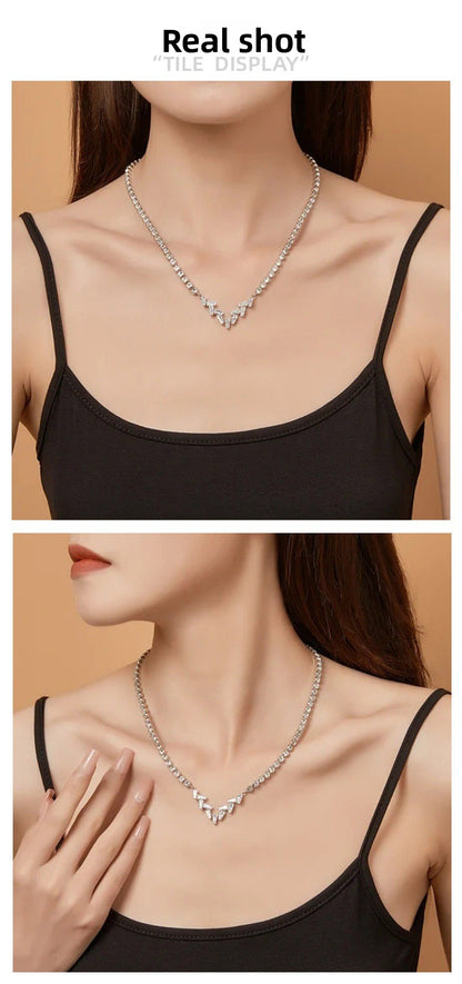 Silver V Shape Necklace For Women With Electroplated Alloy Chain And Rhinestones Inlay Featuring Zircon Accents