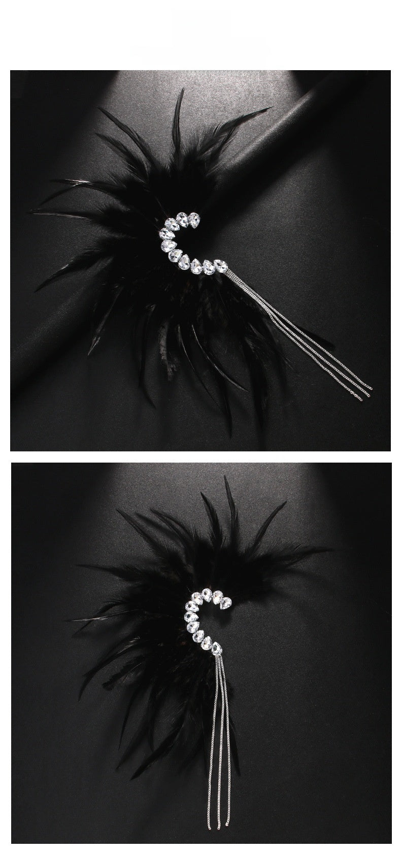 Gothic Silver Feather Tassel Clip Earrings For Women In Alloy With Rhinestone Inlay