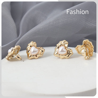Retro Heart Shape Stud Earrings For Women With Baroque Pearl Inlay, Alloy Material, Electroplated Finish, And 925 Sterling Silver Posts