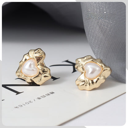 Retro Heart Shape Stud Earrings For Women With Baroque Pearl Inlay, Alloy Material, Electroplated Finish, And 925 Sterling Silver Posts