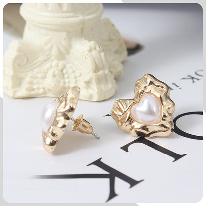 Retro Heart Shape Stud Earrings For Women With Baroque Pearl Inlay, Alloy Material, Electroplated Finish, And 925 Sterling Silver Posts