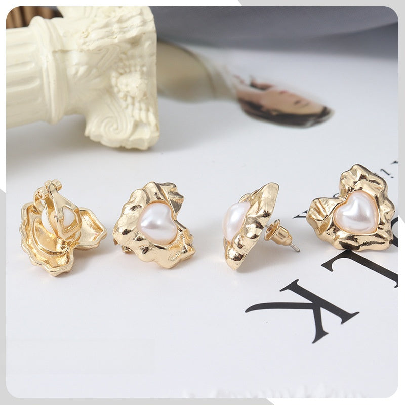 Retro Heart Shape Stud Earrings For Women With Baroque Pearl Inlay, Alloy Material, Electroplated Finish, And 925 Sterling Silver Posts
