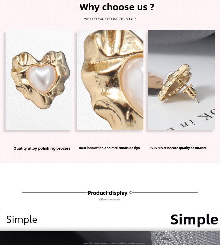 Retro Heart Shape Stud Earrings For Women With Baroque Pearl Inlay, Alloy Material, Electroplated Finish, And 925 Sterling Silver Posts