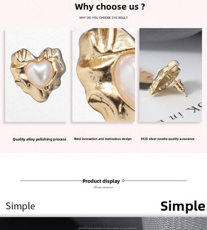 Retro Heart Shape Stud Earrings For Women With Baroque Pearl Inlay, Alloy Material, Electroplated Finish, And 925 Sterling Silver Posts