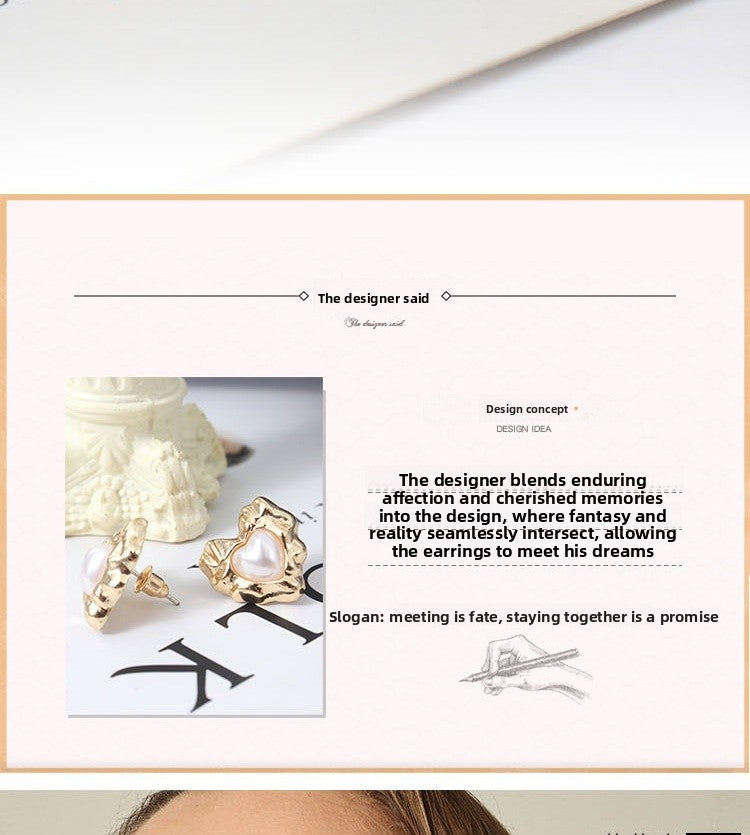 Retro Heart Shape Stud Earrings For Women With Baroque Pearl Inlay, Alloy Material, Electroplated Finish, And 925 Sterling Silver Posts