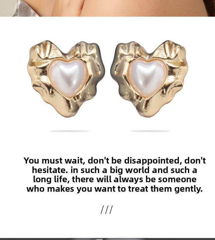 Retro Heart Shape Stud Earrings For Women With Baroque Pearl Inlay, Alloy Material, Electroplated Finish, And 925 Sterling Silver Posts
