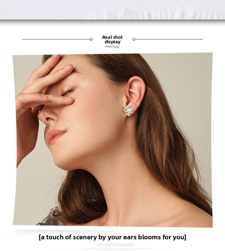 Retro Heart Shape Stud Earrings For Women With Baroque Pearl Inlay, Alloy Material, Electroplated Finish, And 925 Sterling Silver Posts