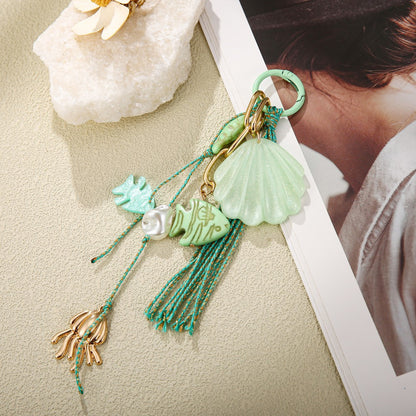 Ocean Tassel Bag Pendant In White, Acrylic Material With Marine Style, Perfect For Spring And Summer